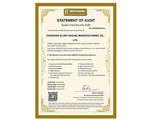 Tangshan Glory Shovel Manufacturing Co., Ltd. on edukalt läbinud autoriteetse...